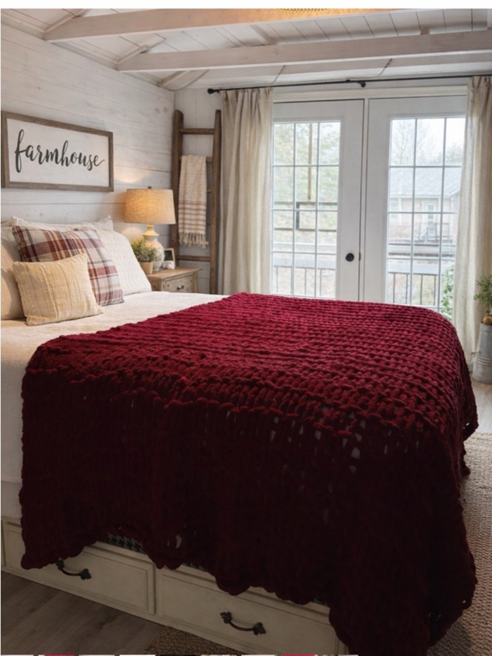 Handmade Large Plush Chunky Open Knit  Burgundy Chenille Blanket